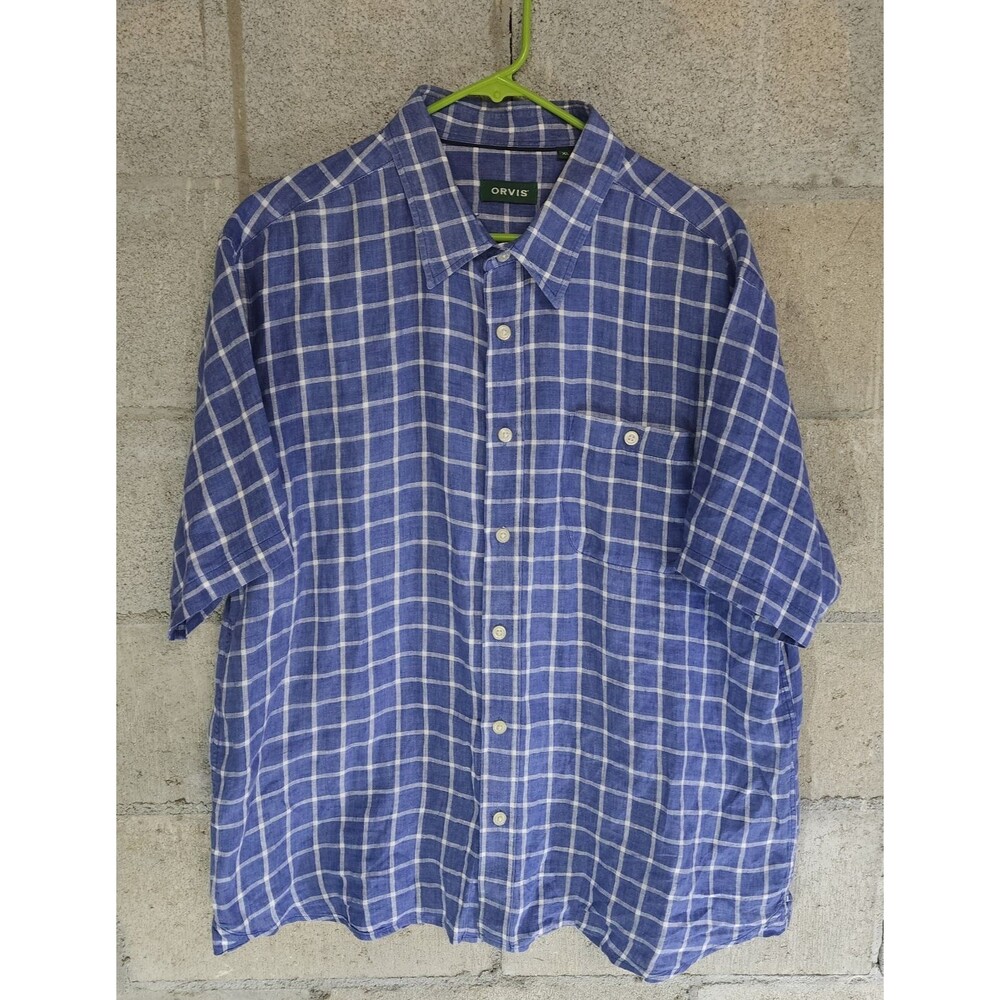 Orvis Short Sleeve Button-Up Linen Men's Check Shirt Blue Size XL